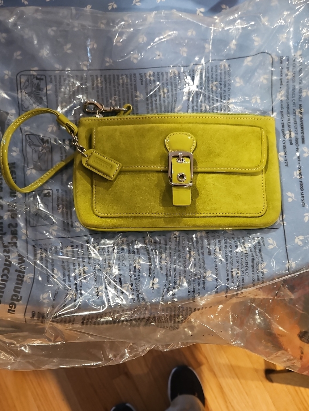 Coach Lime Green Suede Wristlet Clutch with Buckle Detail